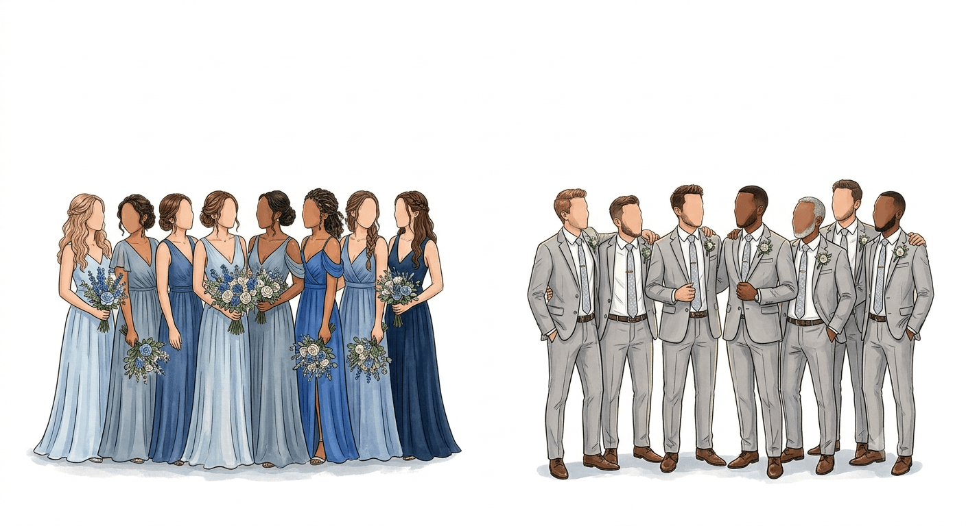 Referência de tons: vestidos longos das madrinhas em degradê de azul e ternos cinza claro dos padrinhos
